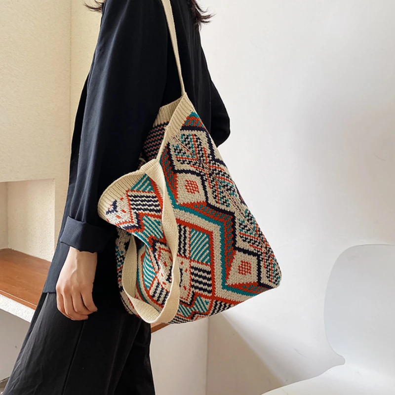 

Женская вязаная сумка-тоут Aztec, женская вязаная шерстяная сумка-шоппер с открытой ручкой, Женская Повседневная сумка 2023
