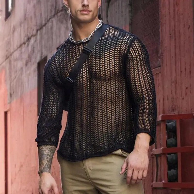 

Black Sexy Fishnet See Through T Shirt Men 2022 Brand Long Sleeve Transparent T Shirts Men Party Nightclub Show Tee Shirt Homme