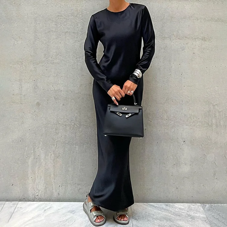 

2023 Women's Early Spring New Satin Drop Long Dress Round Neck High Waist Fashion Long Sleeve Dress Elegant