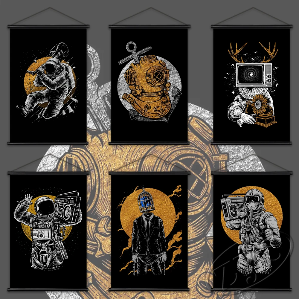 

HD Pints Black And White Illus Posters Canvas Wall Artwork Astronaut Painting Hanging Scrolls Modular Picture Home Room Decor