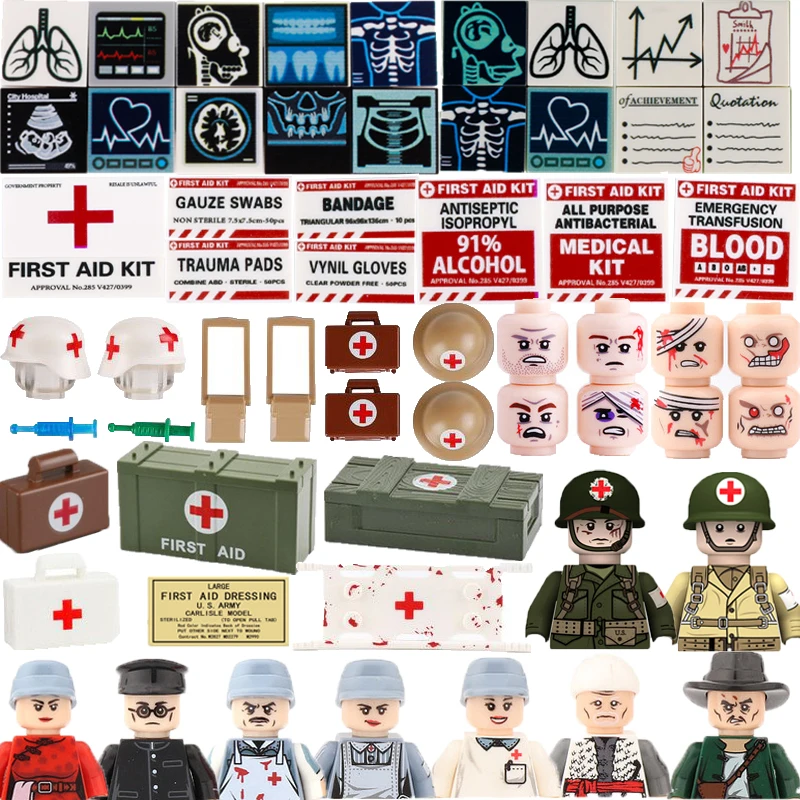 Building Blocks Solider Figures Gifts Toys Medical Box Equipments Helmet Head Backpack Pringing MOC Bricks Stretcher Syringe