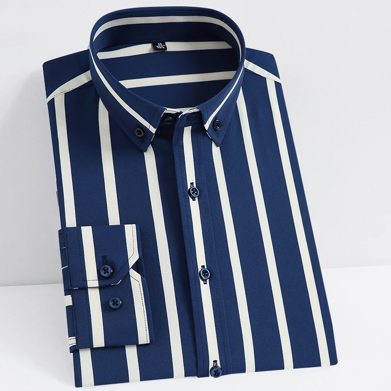 Spring Autumn Wide Stripe Shirts for Men Clothing Elastic Long Sleeve Shirt Business Casual Wrinkle Resistant Smooth Mens Shirts