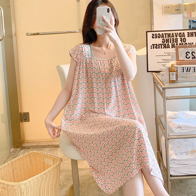 Ladies Robe Cotton Silk Nightdress Fashion Charm  Sexy Sleepwear Women Nightgowns