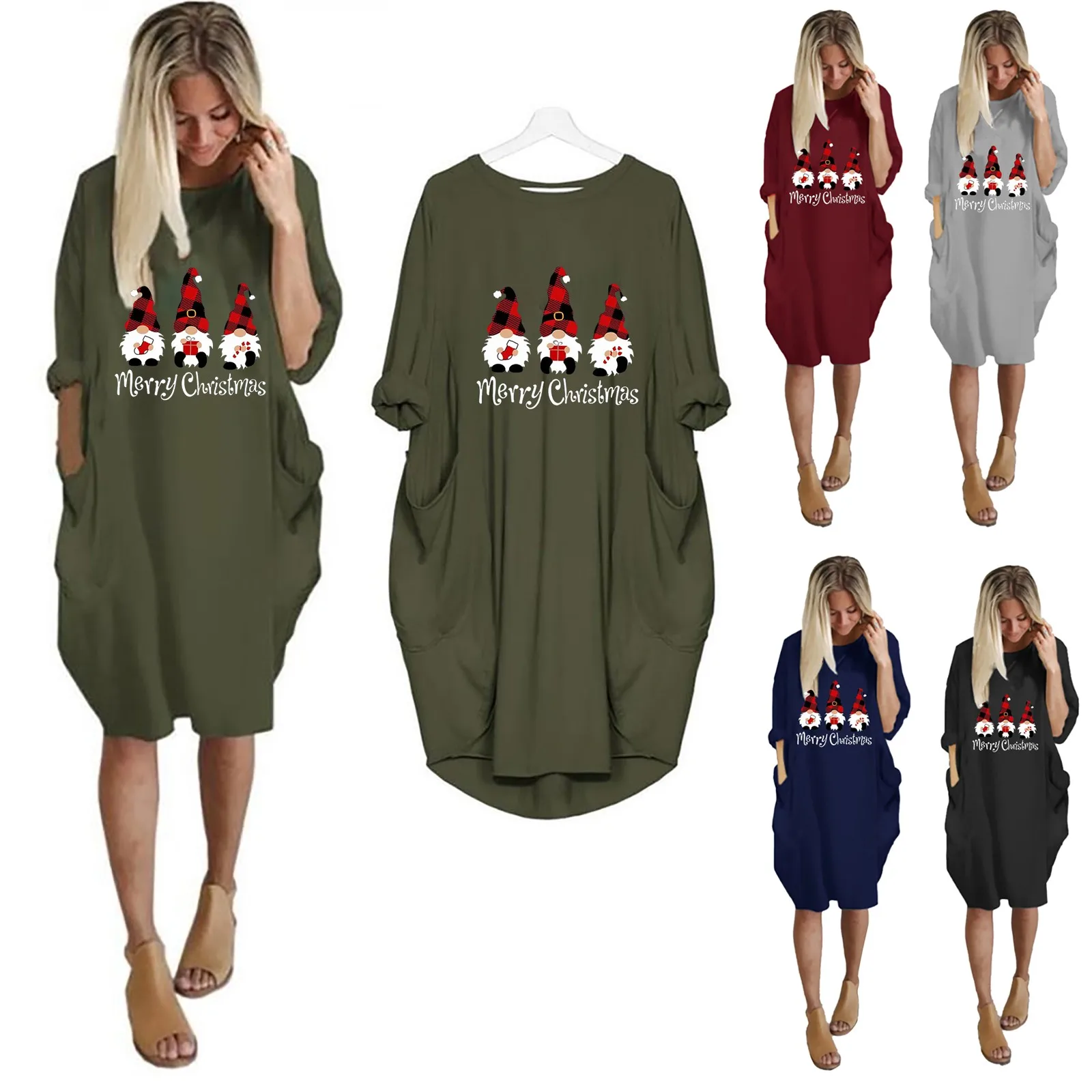 

Womens Dresses Christmas Printed Long Sleeve Round Neck With Pocket Autumn Winter Casual Loose Sleeveless Casual Summer Dresses