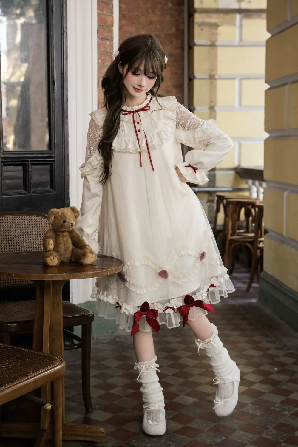 Фото Женское платье Coalfell Sweet Strawberry Lolita OP с длинными рукавами, кружевом, рюшами и бантом, миди-платье в винтажном стиле, платье принцессы А-силуэта. №4