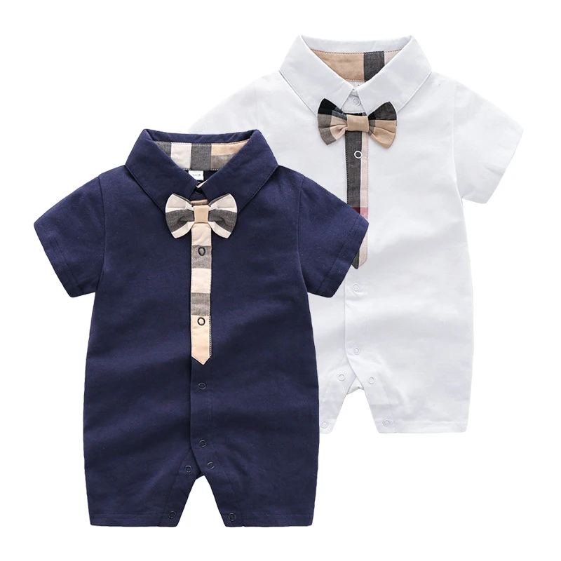 

New arrival summer fashion newborn baby clothes cotton Plaid stripes short-sleeved gentleman baby Boy girl rompers 0-24 months