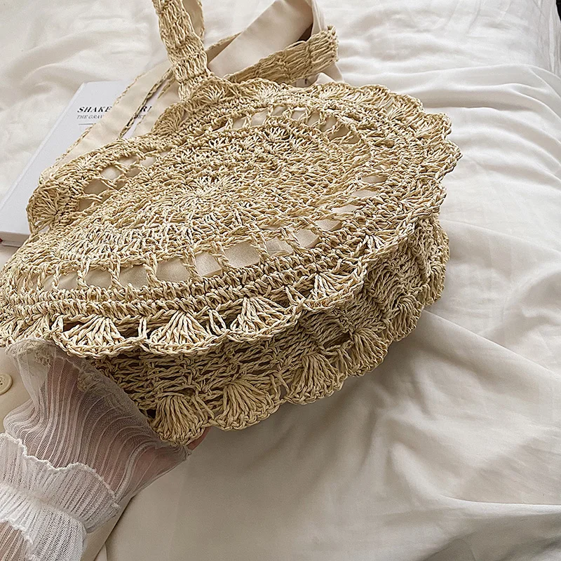 Striped Beach Straw Bag Large Capacity Shoulder Bag For Women Handmade Woven Handbag Raffia Rattan Bag Vacation Casual Tote Bag