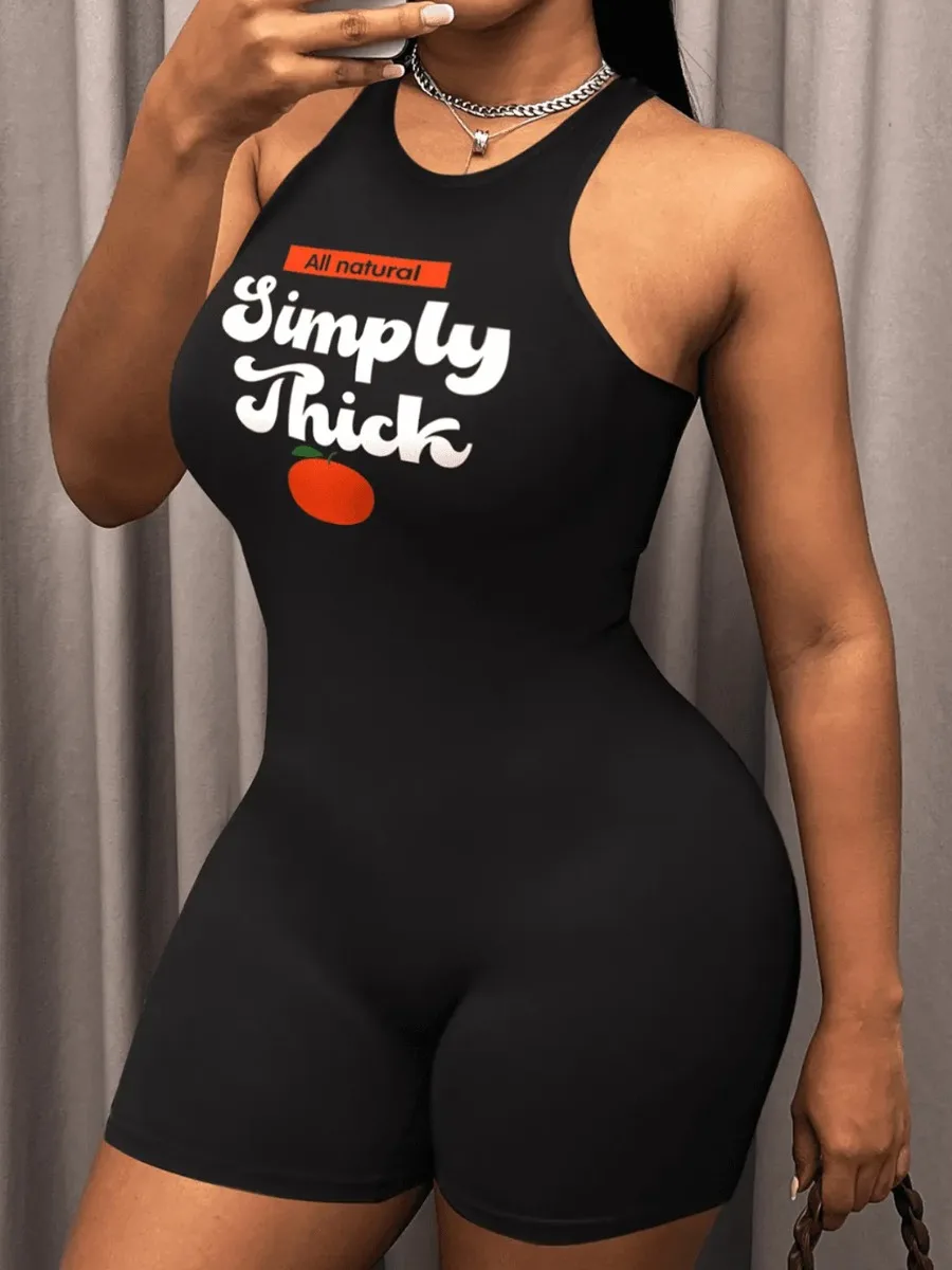 

LW Sexy Fruit Letter Print Bodysuits Skinny Sleeveless Romper Sheath Body-shaping Stretchy One Piece Jumpsuits