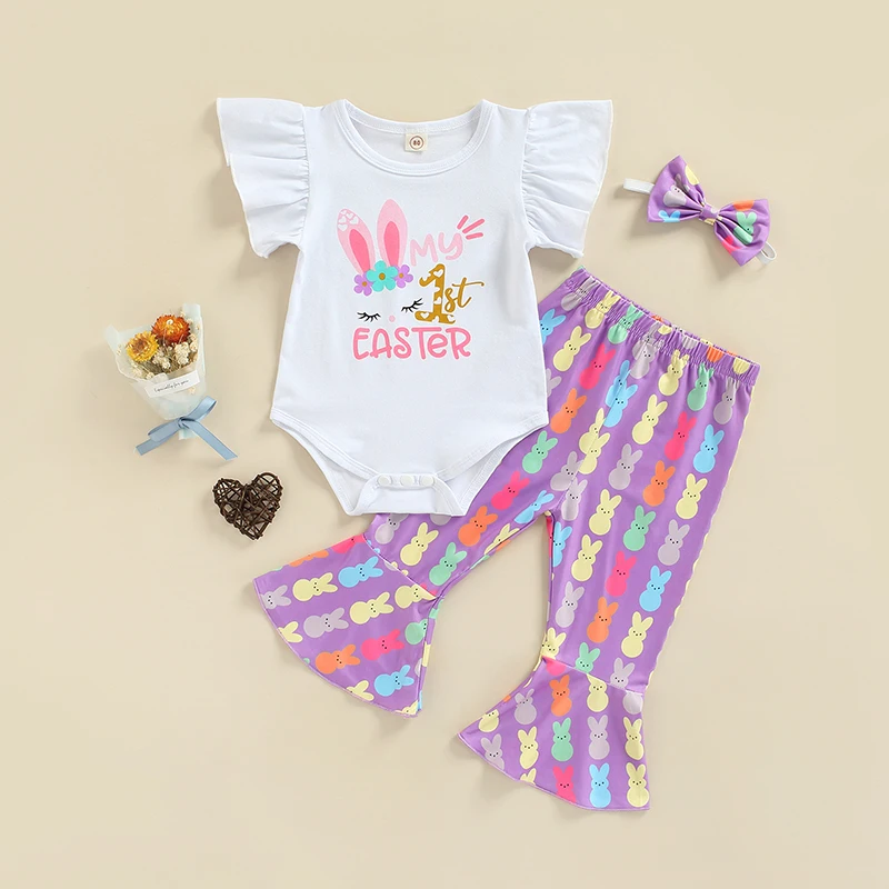 

Baby Girl Pants, Romper Tops Suit, Long Sleeve Round Neck Easter Rabbit Tops Casual Wide Leg Pants + Headband, 0-18Months