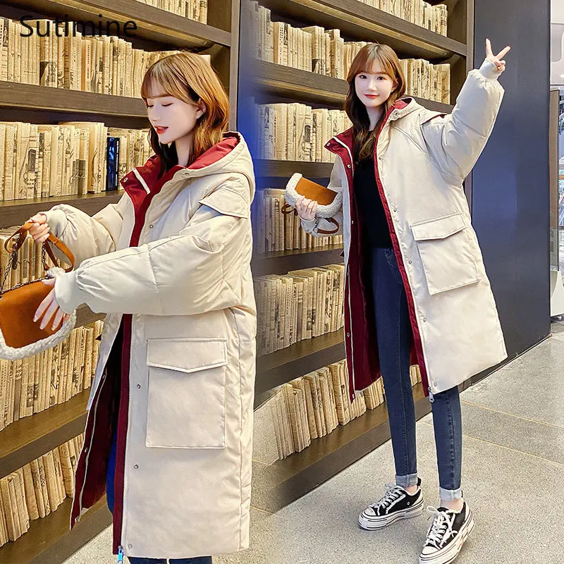 Long Down Jacket Women's College Style Thickened Loose Cotton Jacket Black Office Lady Winter Coat for Women Hooded Coat Women