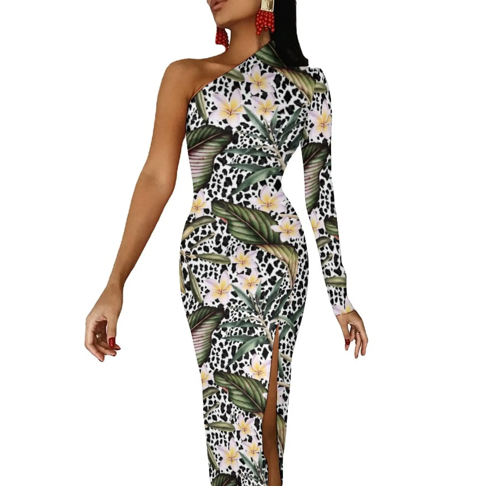

Облегающее платье с пальмовыми листьями, Осеннее черное винтажное длинное платье с леопардовым цветочным принтом и Боковым Разрезом, уличное платье на одно плечо по индивидуальному заказу