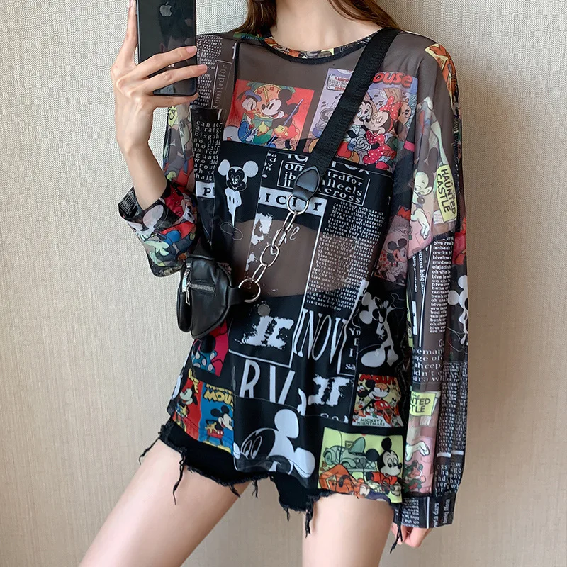 Disney spring and summer new Mickey print Joker Sun protection clothing round neck long sleeve bottoming shirt woman