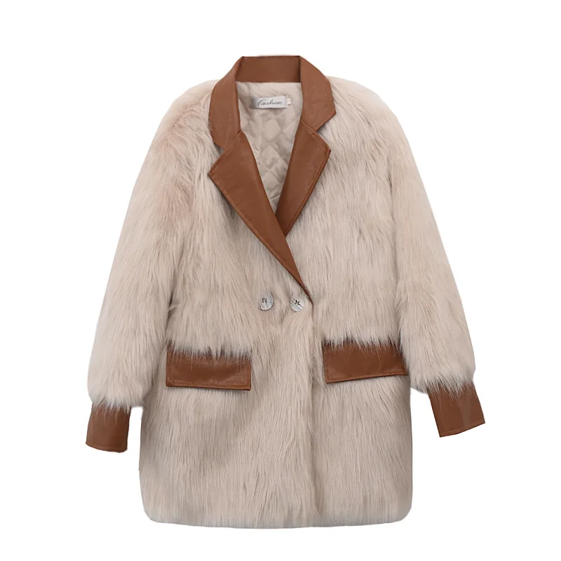 Blazer Woman Fall/Winter 2021 Faux Fox Fur Midi Fur Jacket Stitched Leather Coat for Women Office Lady Brown Fur Clothes
