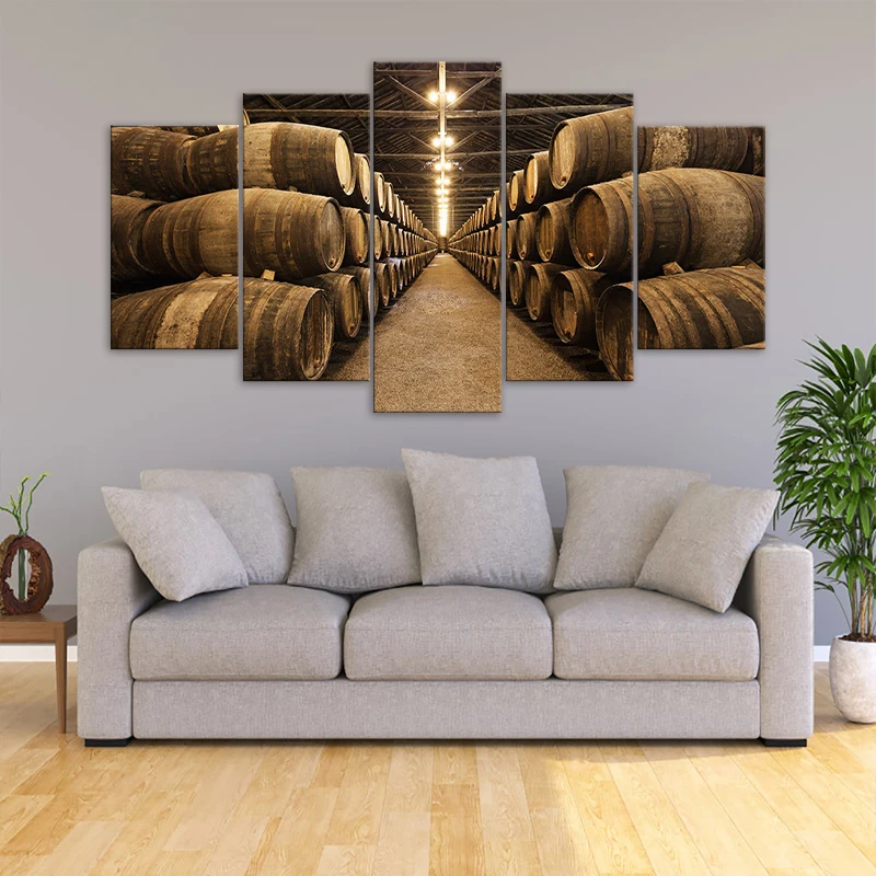 

5 Canvas Winery Warehouse Picture Underground Cellar Canvas Prints Wooden Wine Barrel Painting Poster For Bar Decor
