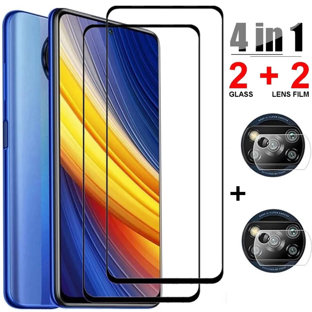 

4in1 Tempered Glass For Xiaomi Poco X3 M3 M2 F2 10 Pro NFC 11 Lite 11i Camera Len Film For Xiaomi Poco F3 X3 M3 Screen Protector