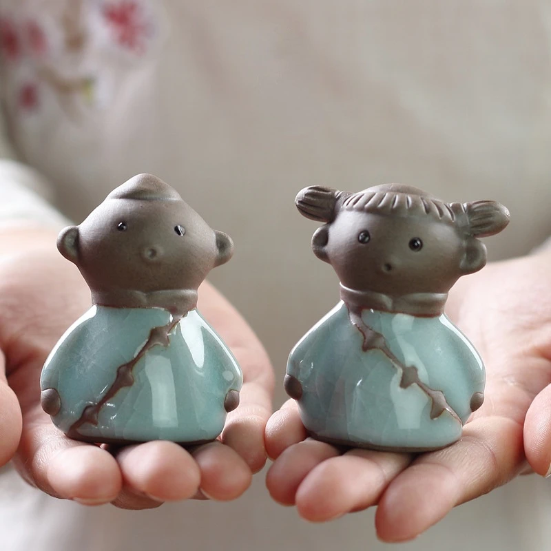 

Cute Boy Girl Purple Clay Tea Pet Ornament Craft Home Decor Figurines Miniatures Terrariums Fairy Garden Kungfu Tea Ceremony