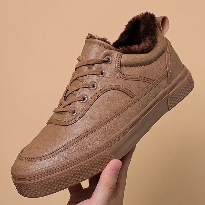 

Winter Cotton Padded Men Casual Sneakers Fashionable Comfortable Soft-soled Hard-Wearing Short Plush Flats Black Khaki