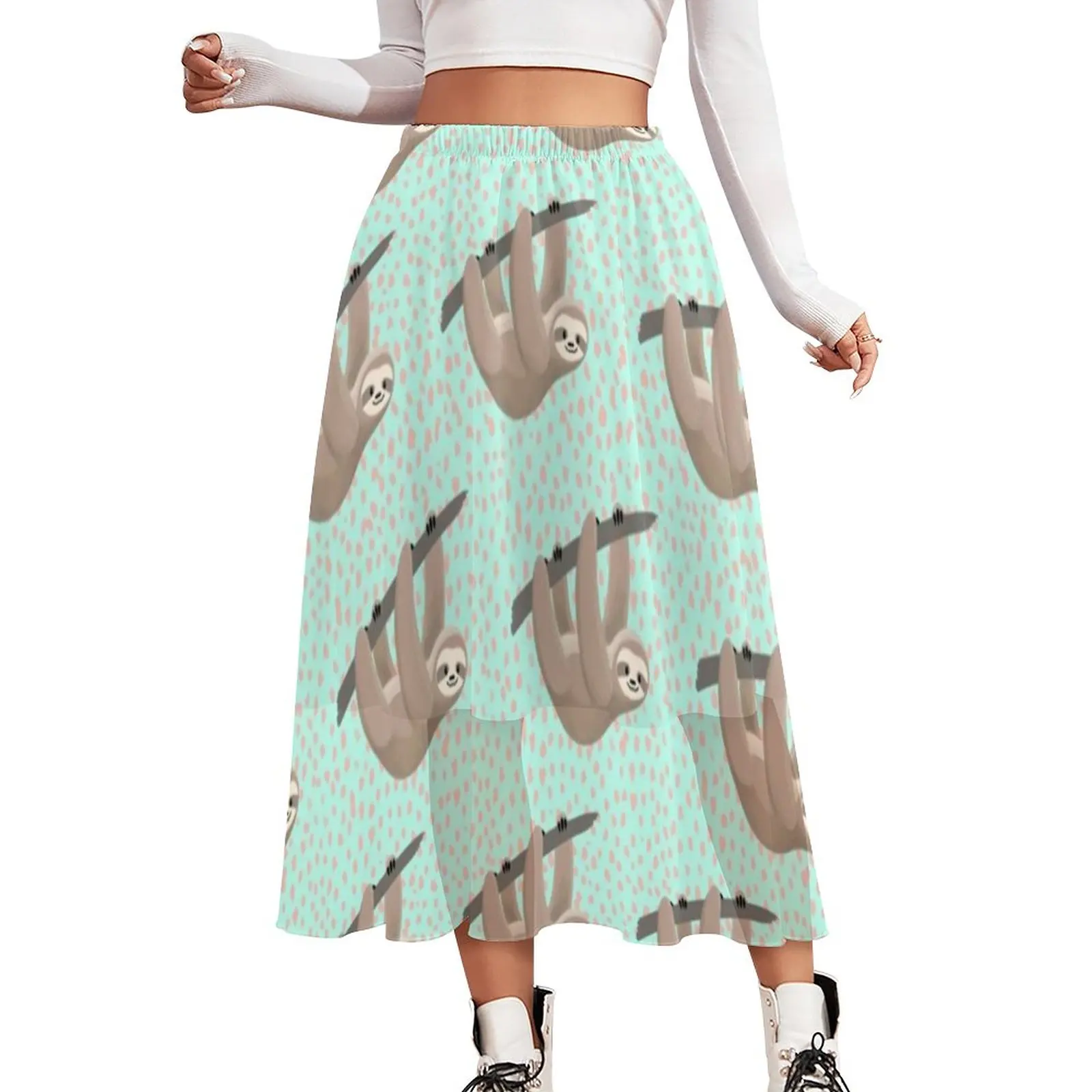 

Peach Sloths Skirt Cute Dot Print Kawaii Boho Skirts High Waist Pattern Casual Skirt Summer Aesthetic Bottoms Big Size 3XL 4XL