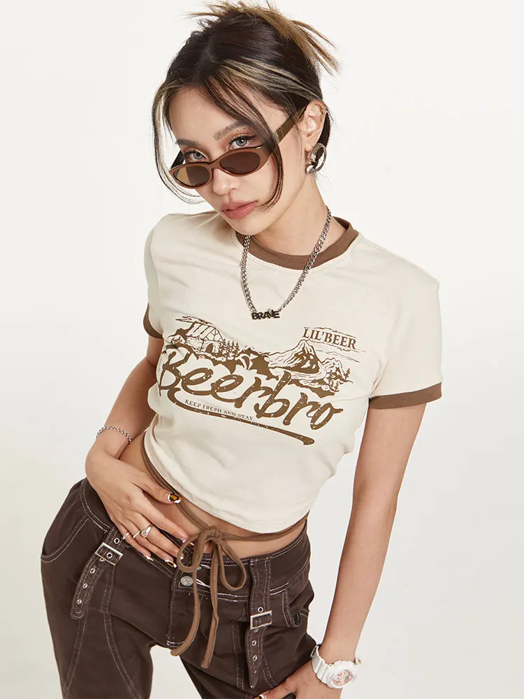 

Новинка 2022, уличная одежда, короткая футболка в стиле ретро, топы с короткими рукавами и ремешками, популярная облегающая футболка для девуш...