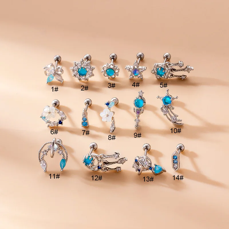 

1pc Blue Zircon Series Double Head Screw Earrings Stainless Steel Thin Rod Shell Flower Earbone Nails Fashion Piercing Earrings