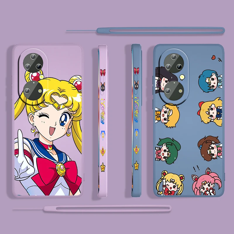 

Sailor Moon Anime Cute For Huawei P50 P40 P30 P20 P Smart Z Pro Plus 2019 2021 Liquid Left Rope Phone Case Coque Cover Capa