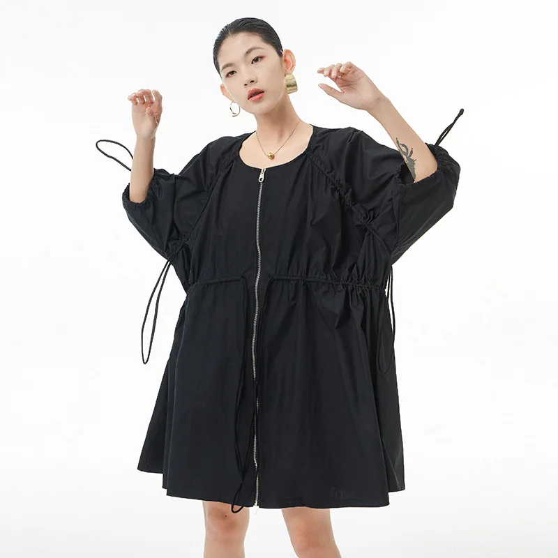 

Zipper Drawstring Short Sleeve O-neck Solid Color Shirt Cardigan 2022 Summer Women Streetwear Loose Large Size Tops Coat 5360