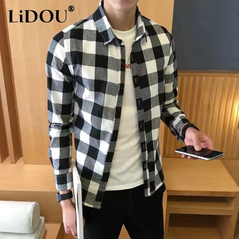 Spring Autumn Korean Plaid Trend Fashion Shirt Man Long Sleeve Temperament Loose Blouse Male All Match Casual Streetwear Clothes