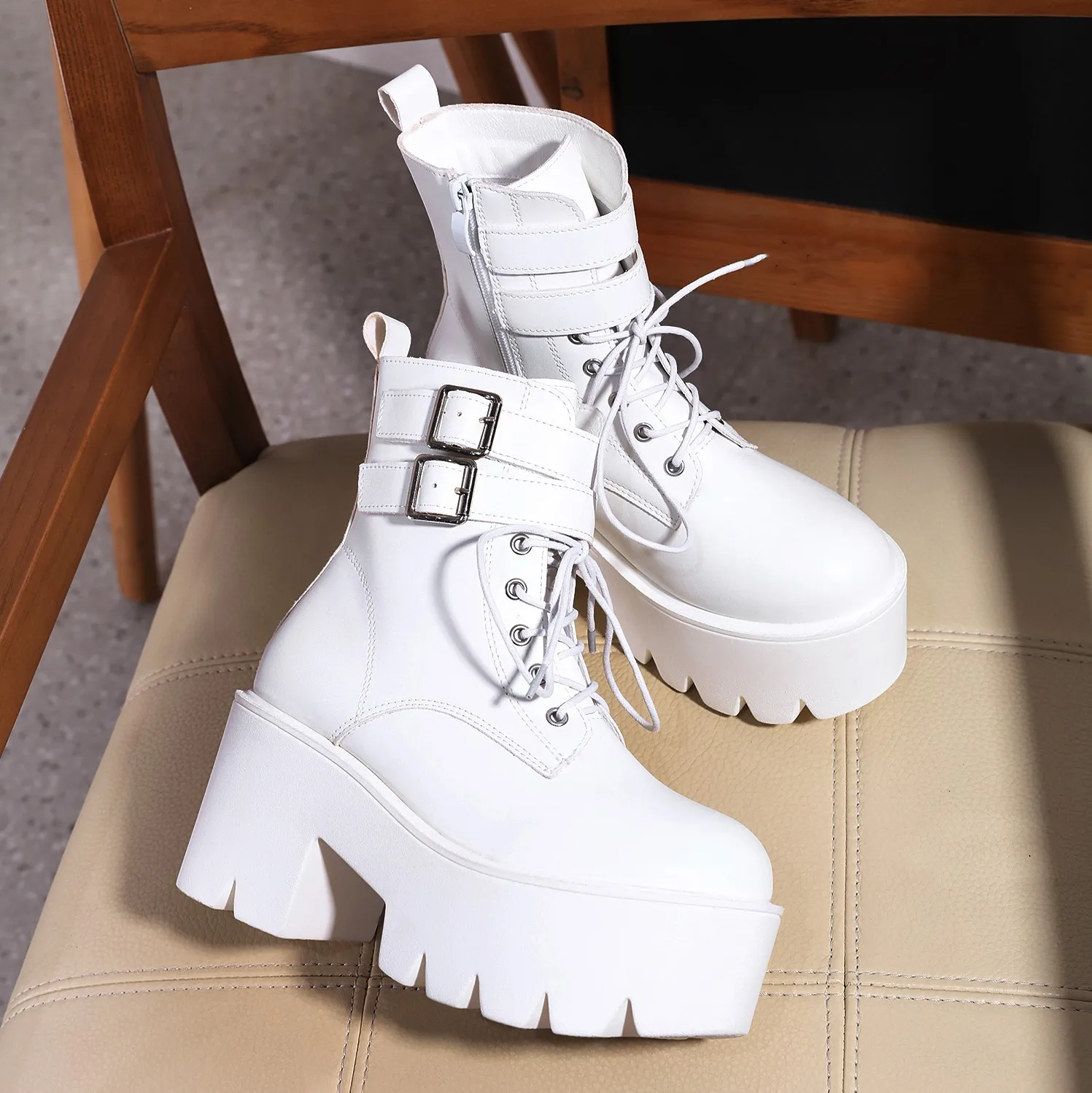 Xibeilove 2023 Autumn/Winter New Fashion Casual Women's Waterproof Platform Zipper Lace Up Wedge Heel Short Boots