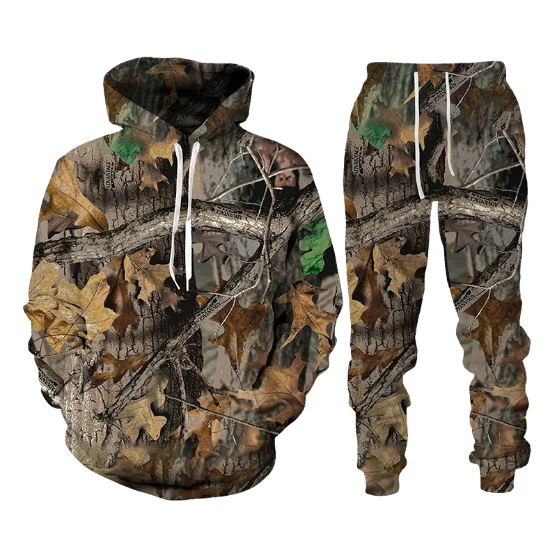 Funny3D Printing Bionic Maple Leaf and Pine Tree Camouflage Unisex Clothing Men's Pullover+Pants Set 2 Piece Casual Men's Hoodie
