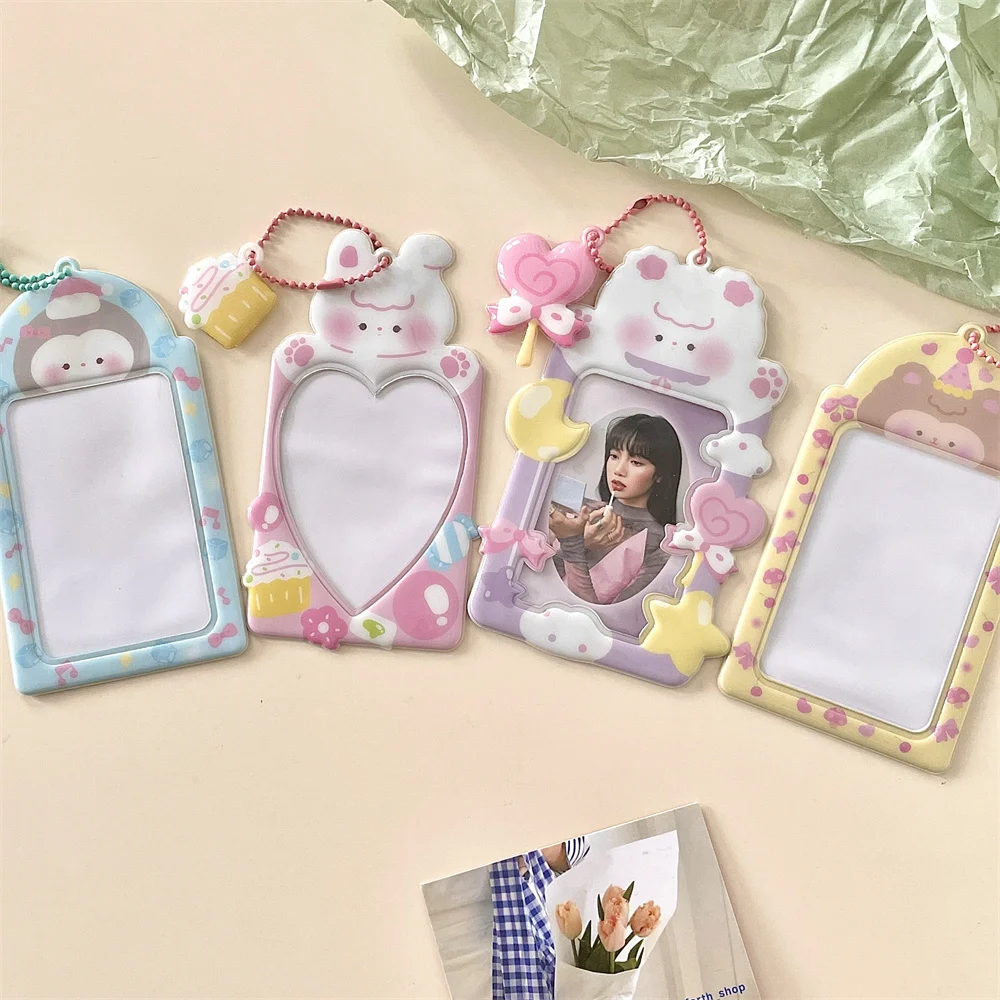 3inch cute bear cat photocards holder with chain waterproof protector kpop idol photo card sleeves keychain pendant stationery free global shipping