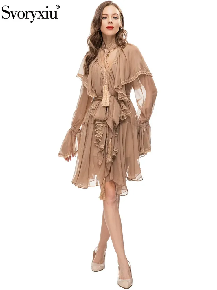 

Женское Асимметричное мини-платье Svoryxiu, белое элегантное облегающее платье трапециевидной формы с воротником-стойкой, рукавами-воланами и поясом на весну и лето 2019