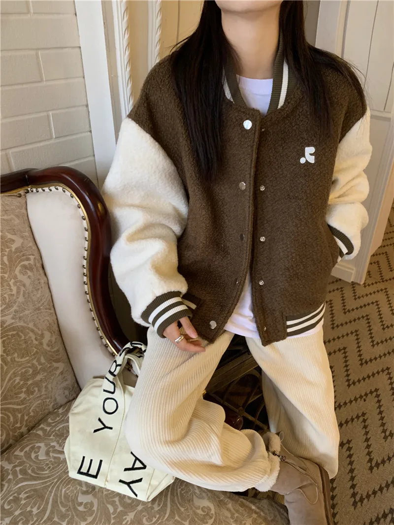 

GY1450 Color Contrast Baseball Coat Women's Winter 2022 New American Retro Design Thickened Stand Collar Long Sleeve Fashion