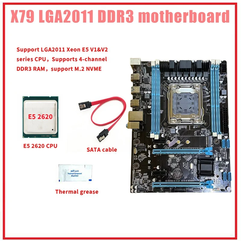 

X79-288 Motherboard+E5 2620 CPU+SATA Cable+Thermal Grease Kit LGA2011 4XDDR3 RAM Slot M.2 NVME SATA3.0 Game Motherboard
