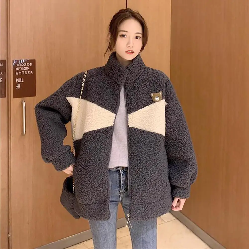 

Chic Women Winter Coat Loose Coat Stand Collar Plush Lady Winter Coat Thermal