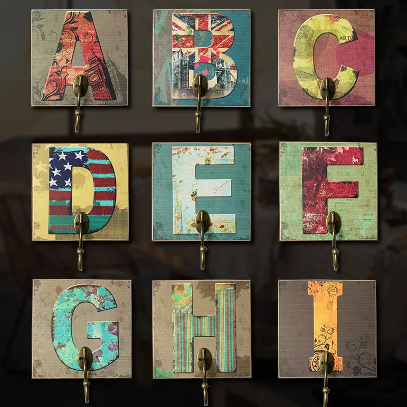 

American wooden English letter key hook wall decoration creative home porch fitting room hanging clothes hook decoration