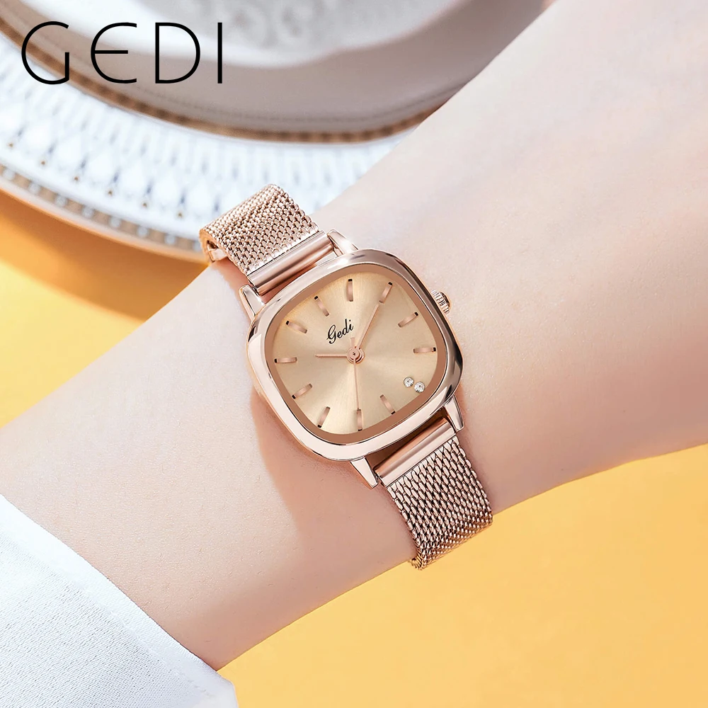 GEDI Luxury Rose Gold Square Women Watches Fashion Milanese Steel Strap Waterproof Analog Quartz Wrist Watch for Ladies Clock