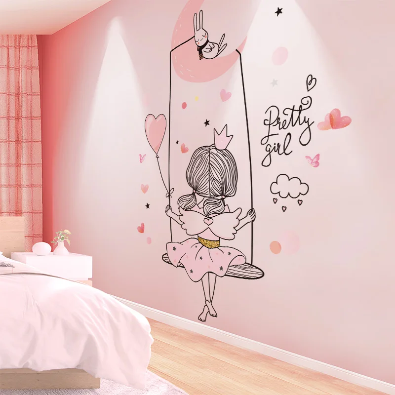 shijuehezi girl on the swing wall stickers diy moon rabbit mural decals for kids rooms baby bedroom nursery house decoration free global shipping