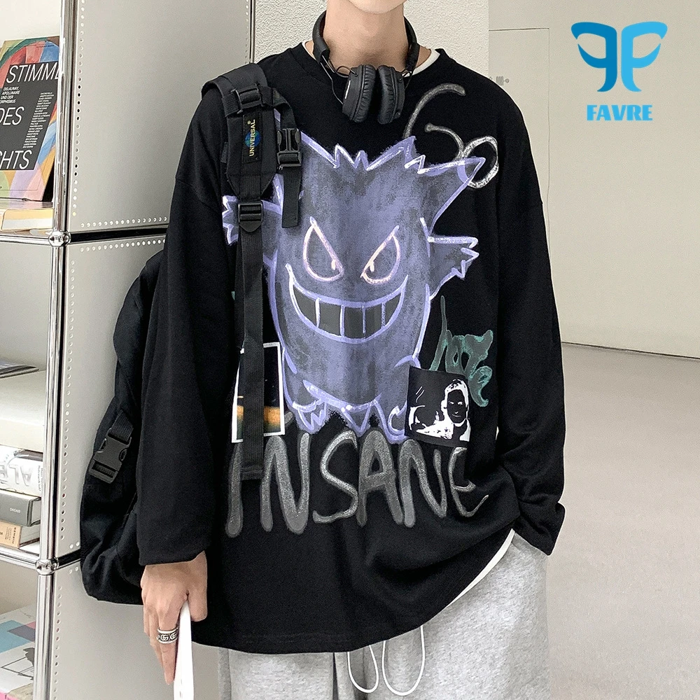 

FAVRE Cartoon Devil Sweatshirts Mens Roundneck Letter Print Pullovers Spring Autumn Y2K Hong Kong Style Male Hip Hop Casual Tops