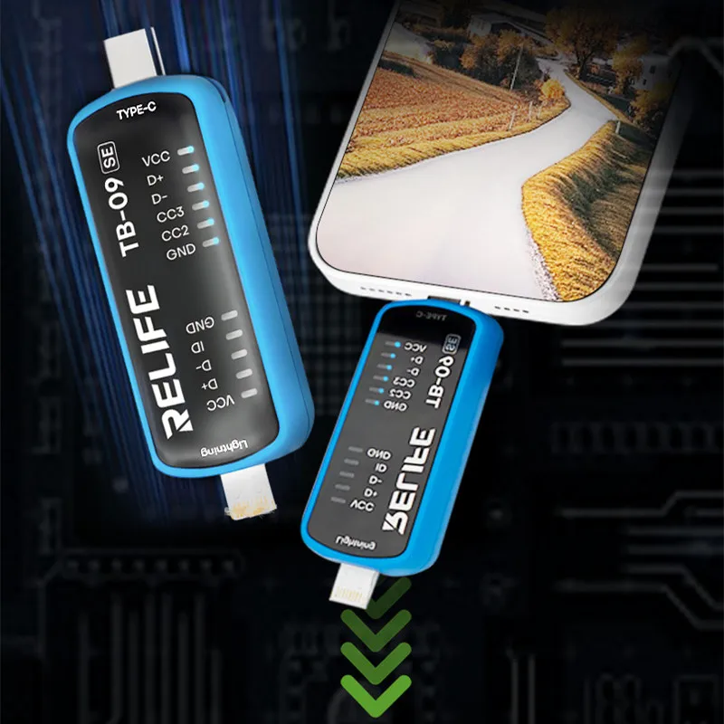 Фото RELIFE TB-09 SE Тестер зарядного порта для мобильного телефона IP Android Ремонт Двойной разъем Lightning Тип C Интерфейс Быстрый детектор неисправностей №1
