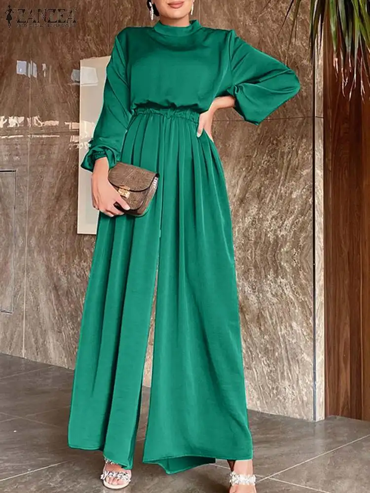 

Элегантный комбинезон ZANZEA с широкими штанинами, модные Сатиновые женские комбинезоны, повседневные длинные эластичные комбинезоны с воротником-стойкой и пышными рукавами и высокой талией