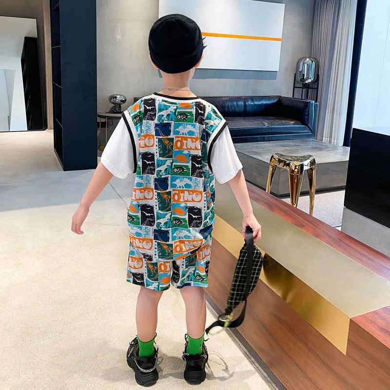 Teen Boys Clothes Set Fake Short Sleeve T-shirt + Shorts Summer Dinosaur Kids Sports Suit Children 2PCS Outfits 5 7 9 11 13 14 Y