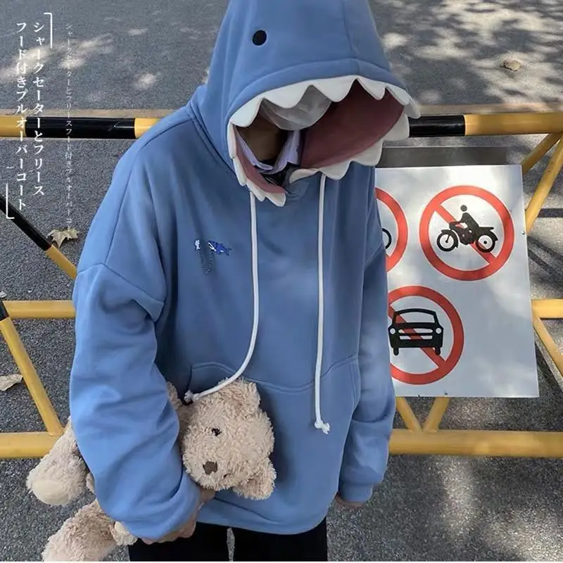 

22022 Winter New Light Luxury Fashion Japanese Shark Hat Sweater Loose Top Boutique Clothing Simple Style Clothes for Teenagers