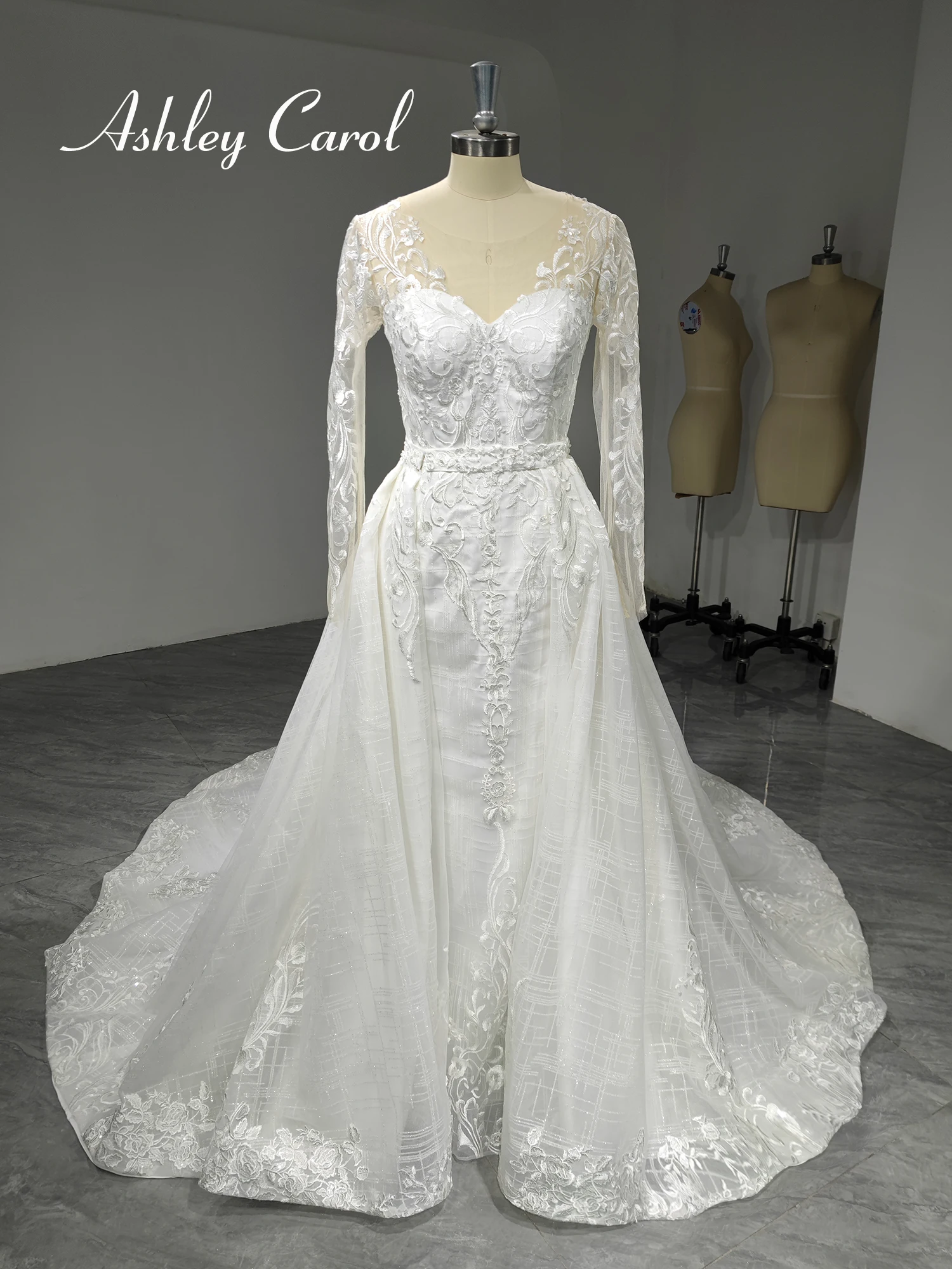 

Ashley Carol Detachable Mermaid Wedding Dresses For Women 2023 Real photos Long Sleeve Appliques Wedding Gown Vestido De Novia