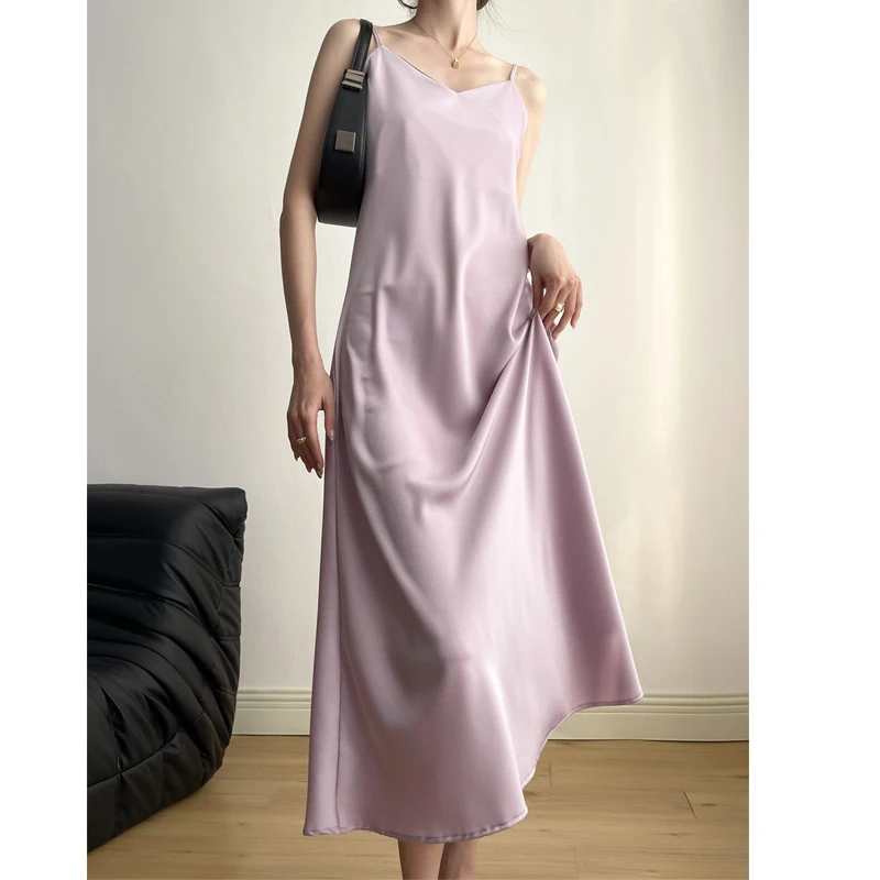 Женское атласное платье на бретелях-спагетти Элегантное Длинное Платье в стиле