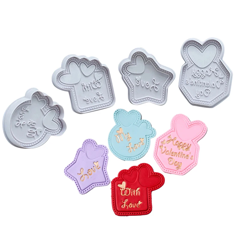 

4Pcs Valentine's Day Theme Cookie Cutter Plunger Fondant Sugar Craft Chocolate Mold Kitchen Baking Biscuits Cake Decorating Tool