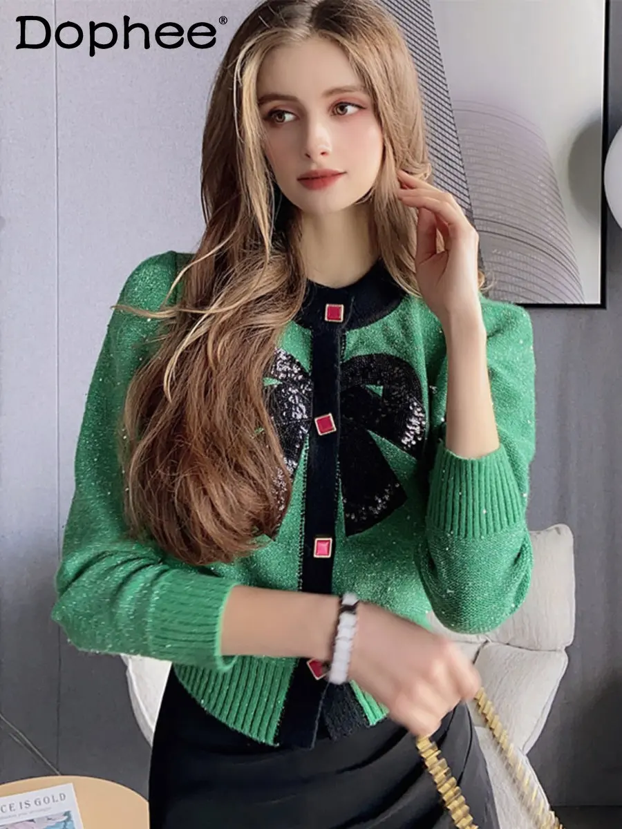 

High-End Design Vintage Sequined Bow Puff Sleeve Green Knitted Cardigan Sweater for Women's 2023 Spring New Sweaters Coat Top