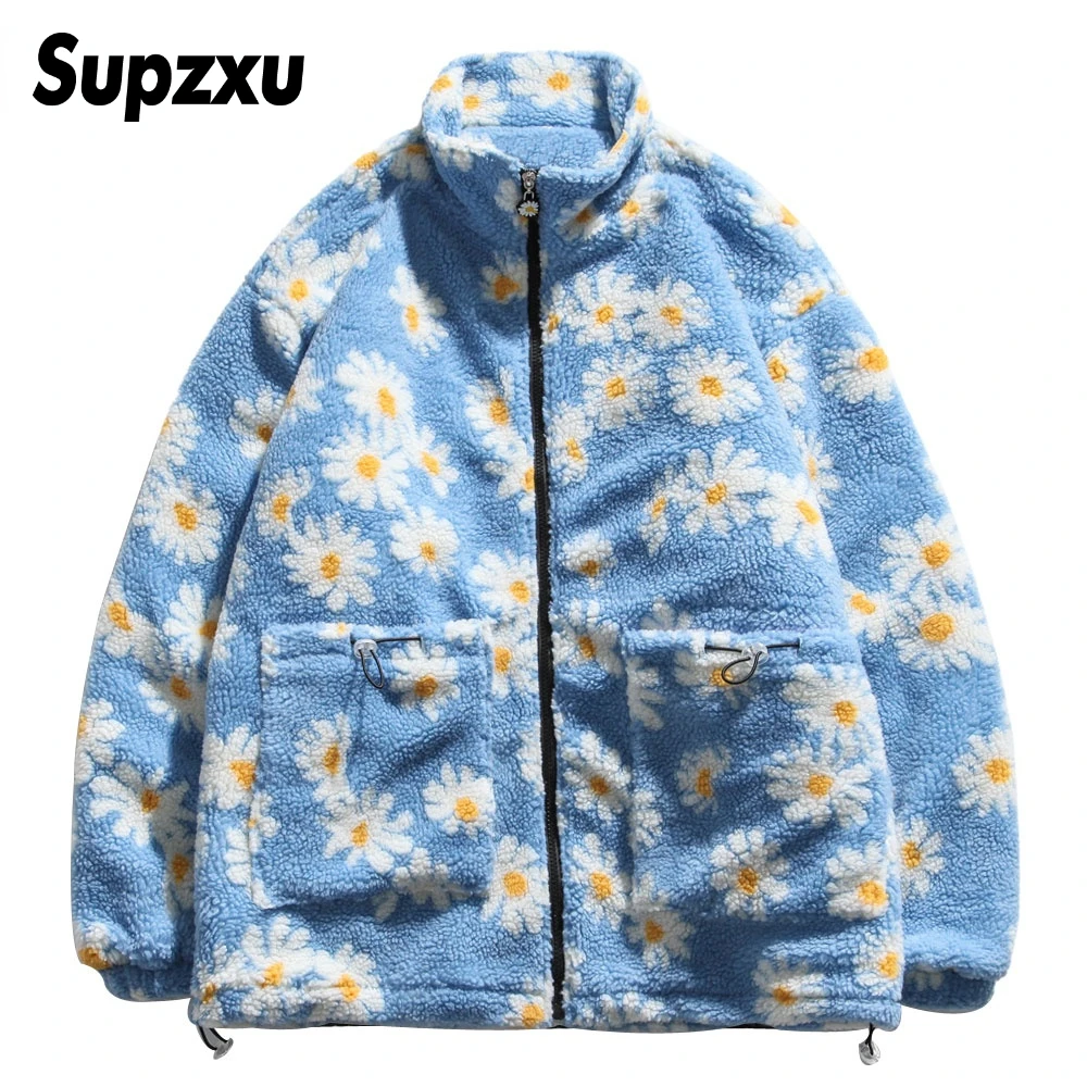 Supzxu Cotton Padded Thick Parkas Jackets Streetwear Hip Hop Daisy Print Fleece Warm Full Zip Coats Fashion Harajuku Outwear