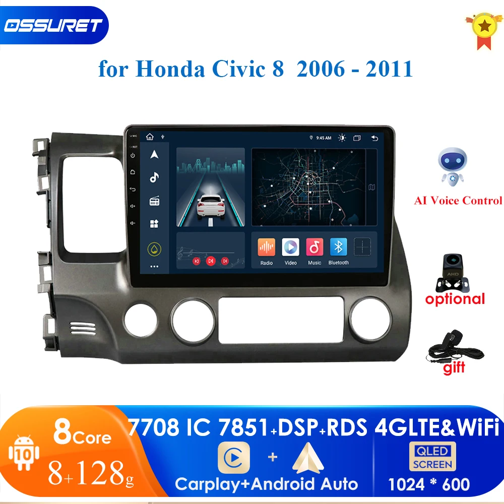 

Автомагнитола Carplay на Android 10 для Honda Civic 8 2005-2012, мультимедийный видеоплеер с GPS-навигацией, 2 Din, 4G-LTE, Wi-Fi, аудио