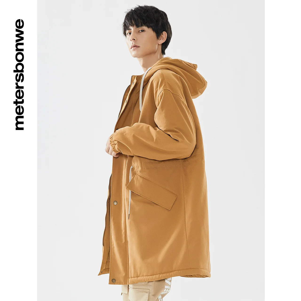 Metersbonwe Men Windproof Medium Length  Wadded Clothes Hooded  Thick Sherpa Warm Wear Casual Loose Winter Cotton-Padded Coats