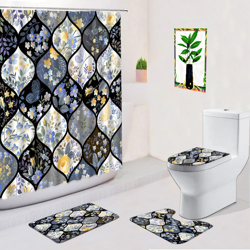 Boho 4pcs set Shower Curtains Bath Mat Mandala Pattern Creative Geometric Rose Flower Leopard Zebra Fabric Anti Slip Rugs Carpet - купить по